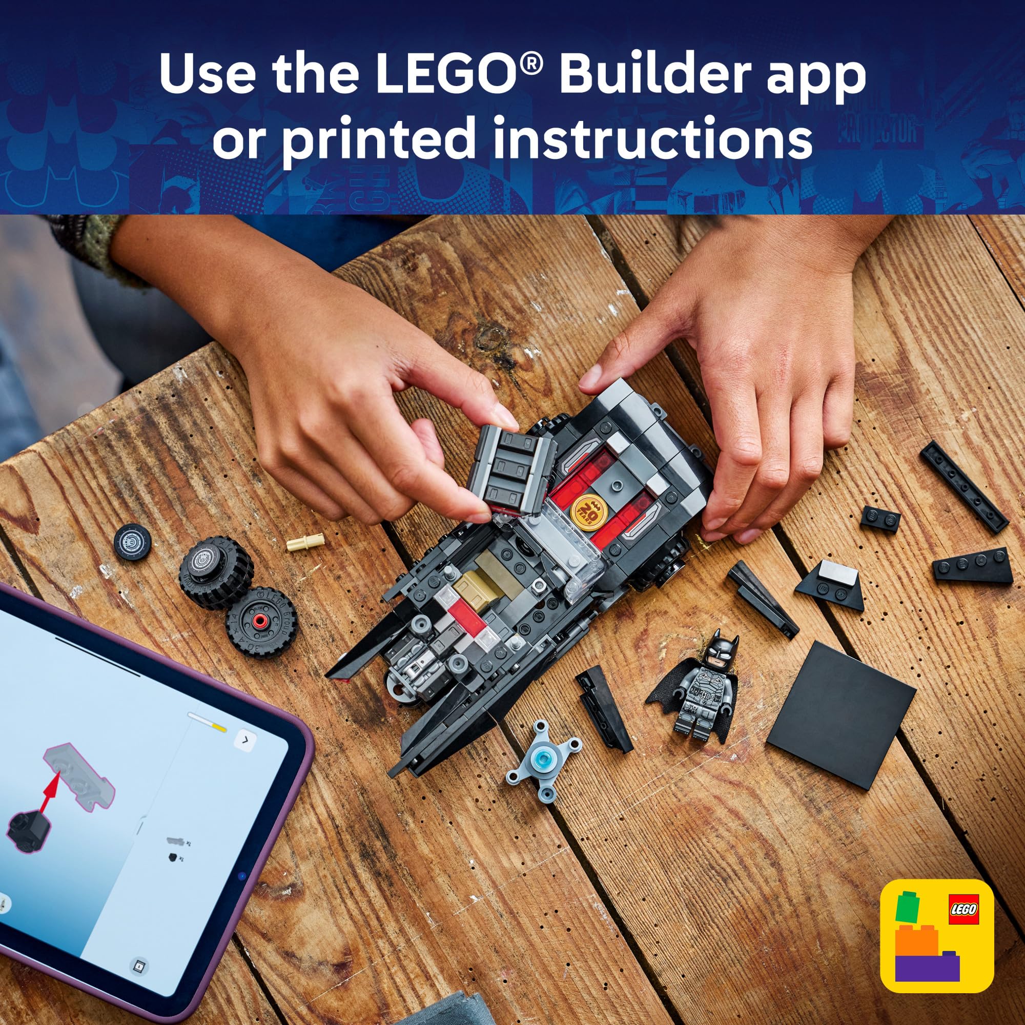 LEGO Batmobile caja y etiqueta mostrando el set y la edad recomendada