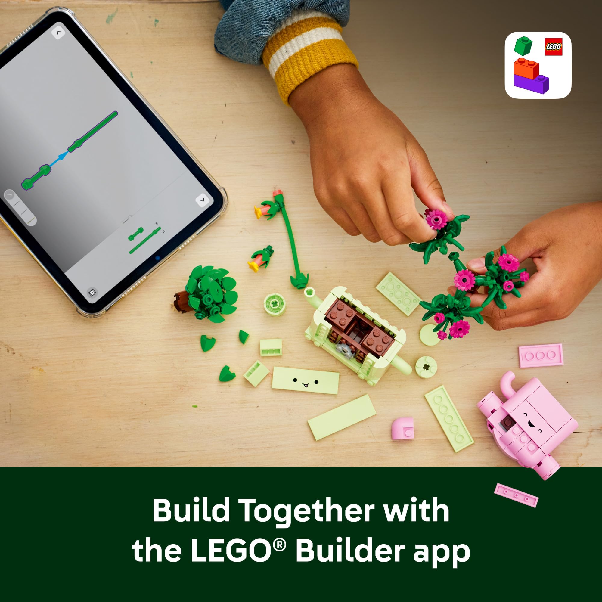 Pantalla de la app LEGO Builder con instrucciones 3D facilitando montaje