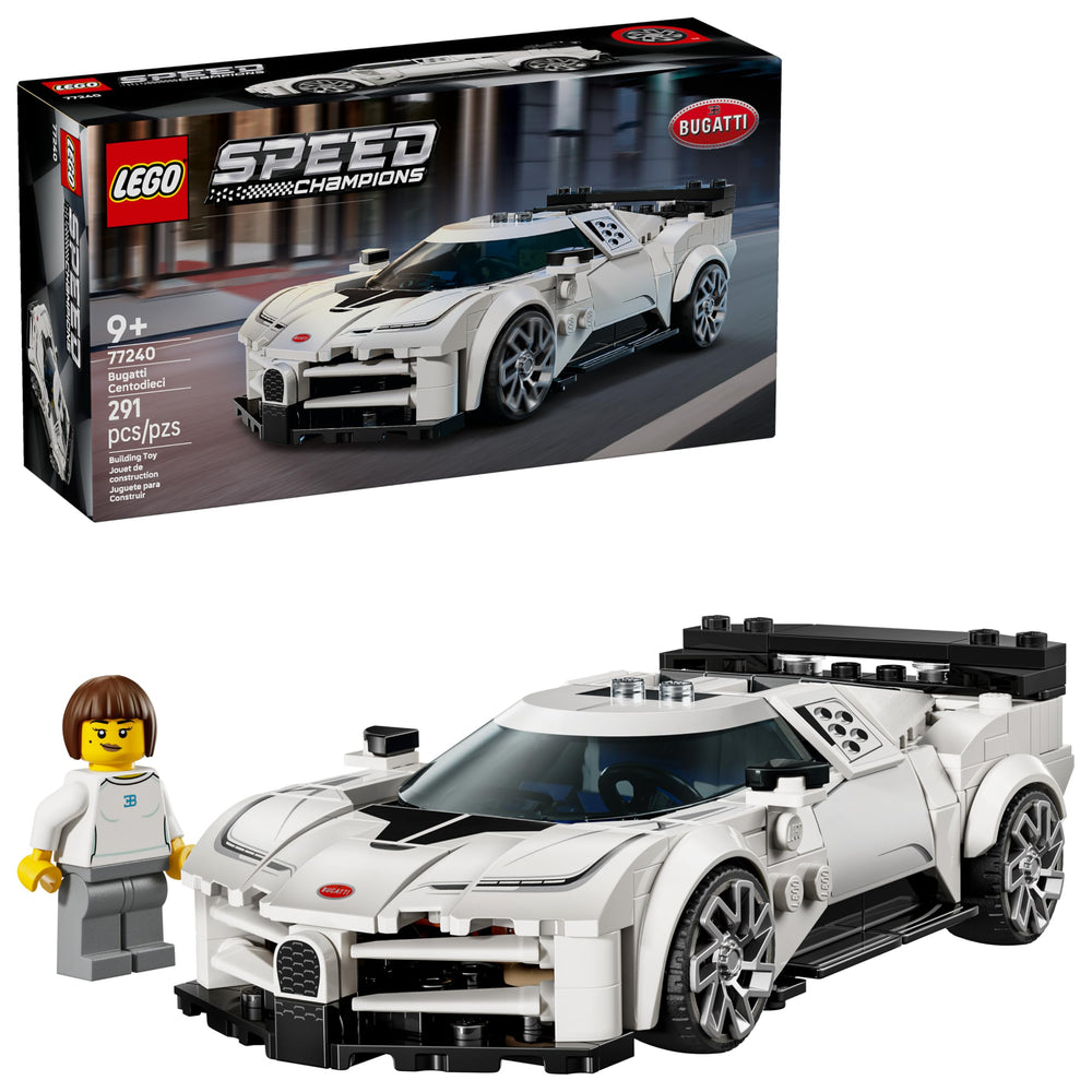 LEGO Bugatti Centodieci frontal con empaque, muestra autenticidad y atractivo