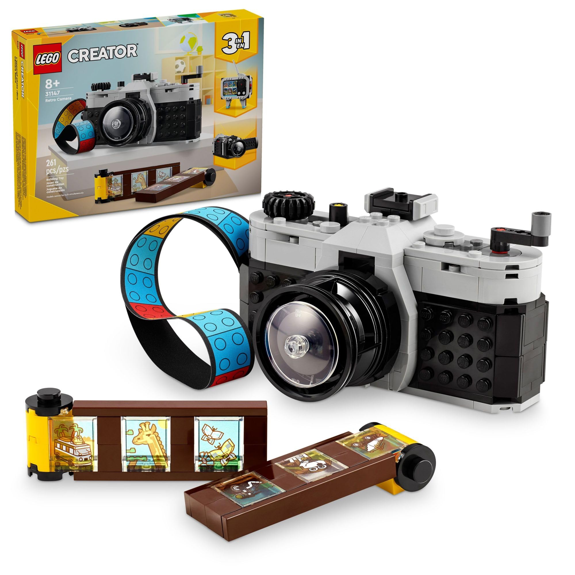 LEGO cámara retro frontal mostrando botones y lente, inspira juego creativo