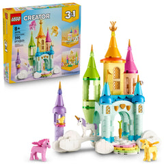 LEGO castillo unicornio frontal mostrando torres y escalera arcoíris para juego creativo