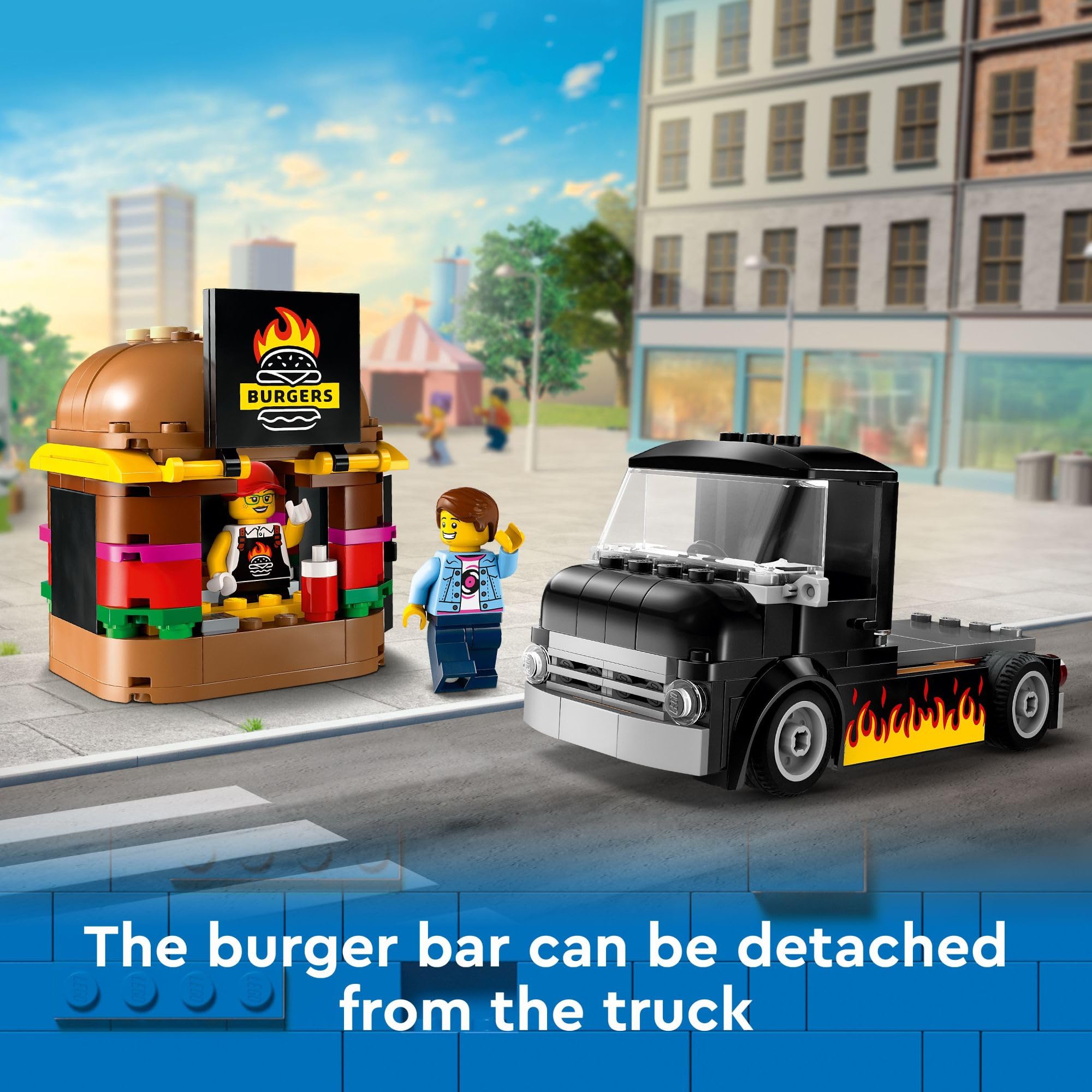 LEGO letrero de hamburguesa visible en ventanilla que atrae clientes