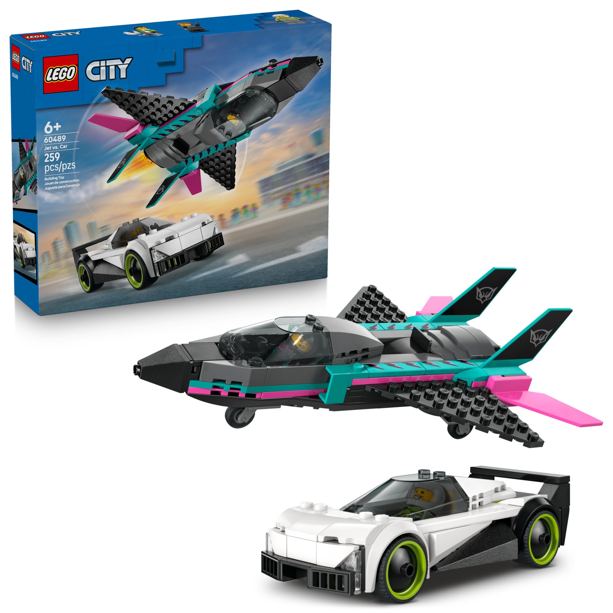 LEGO jet vs car frontal del empaquetado mostrando el set completo y su atractivo
