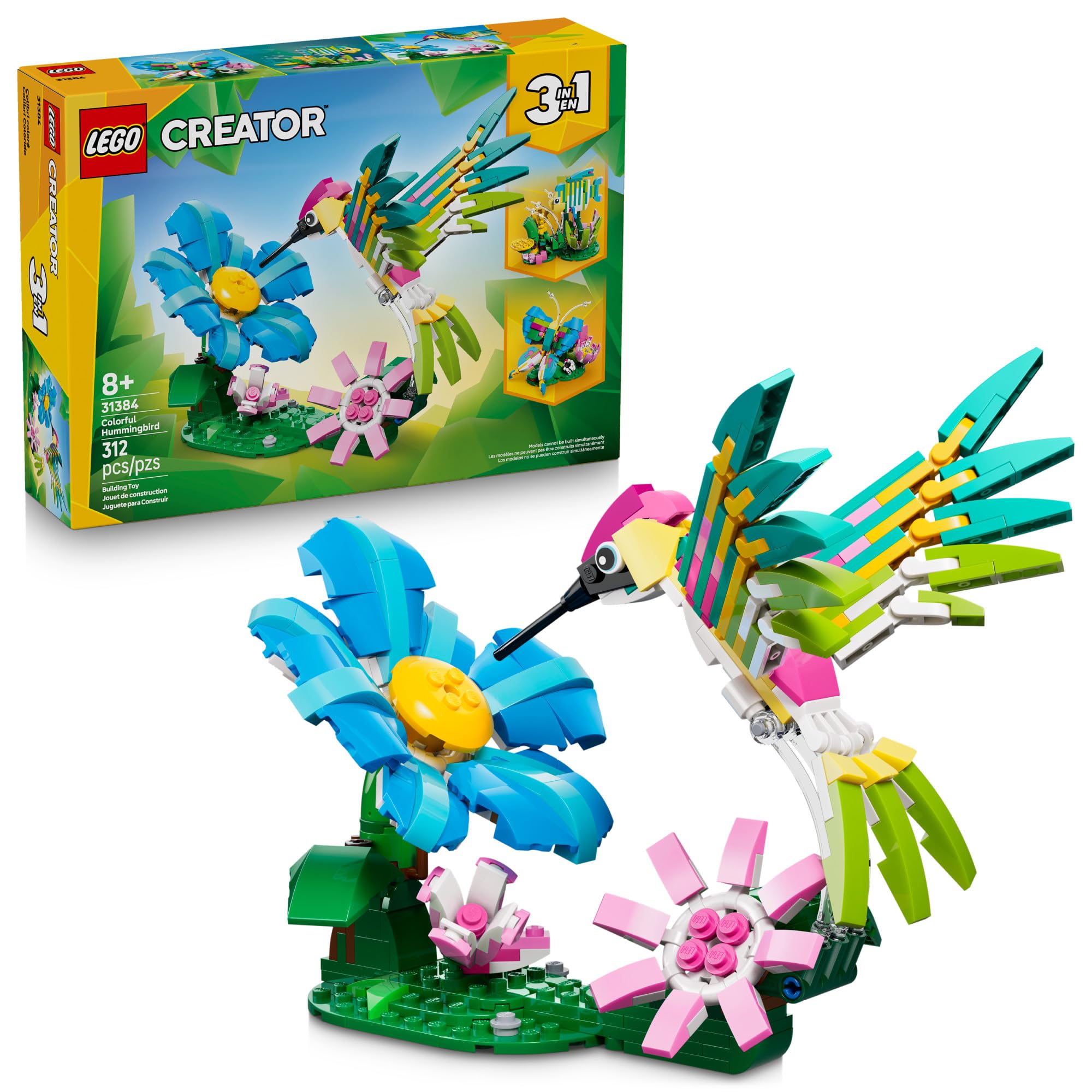 LEGO colibrí frontal mostrando colores vibrantes y detalle decorativo