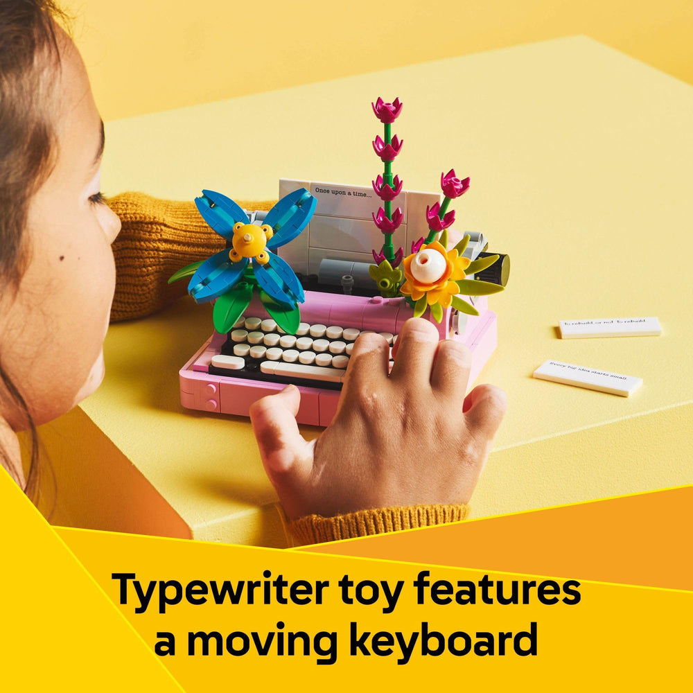 LEGO keytar montado en soporte con flores, instrumento para exhibir