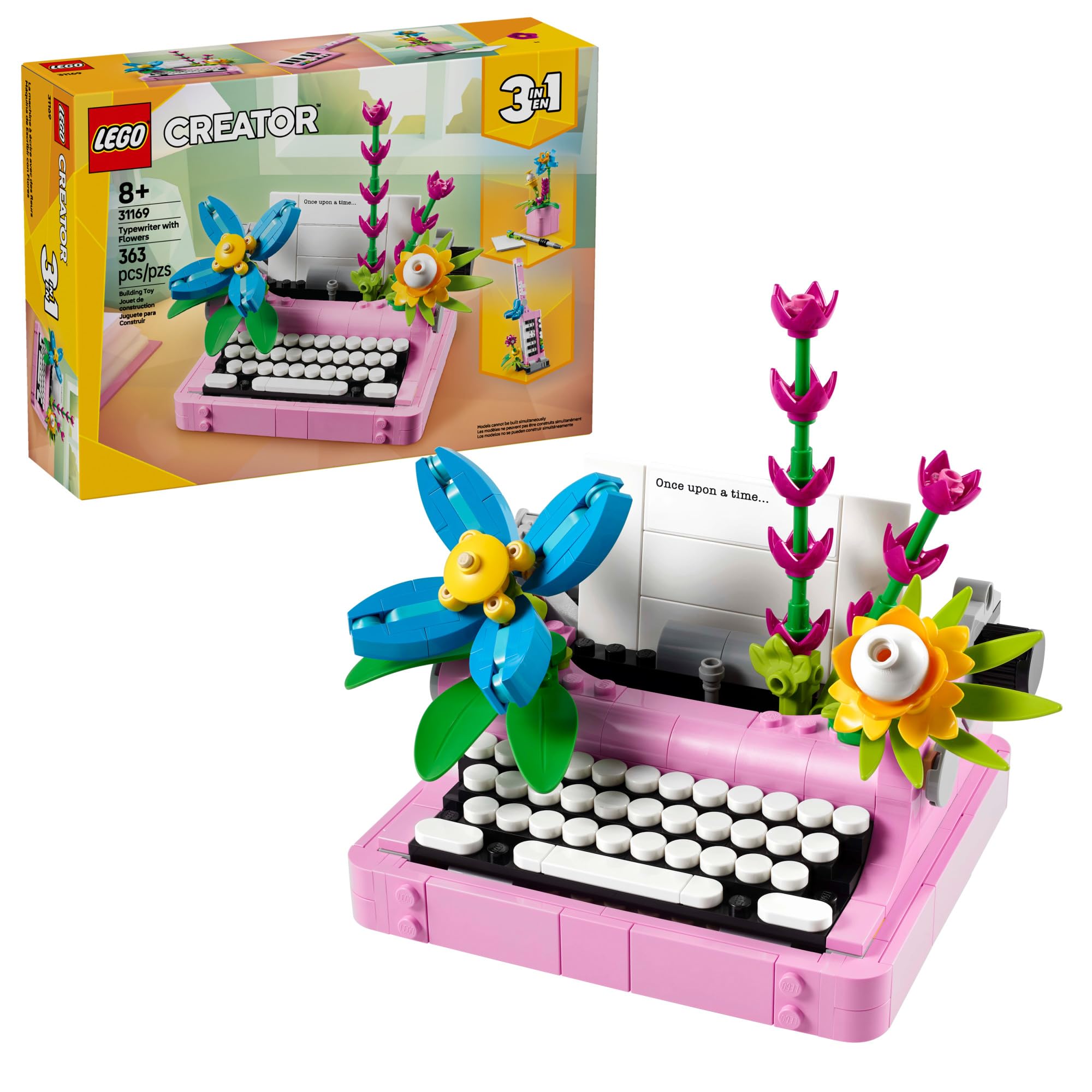LEGO máquina de escribir frontal con flores, decoración retro y color