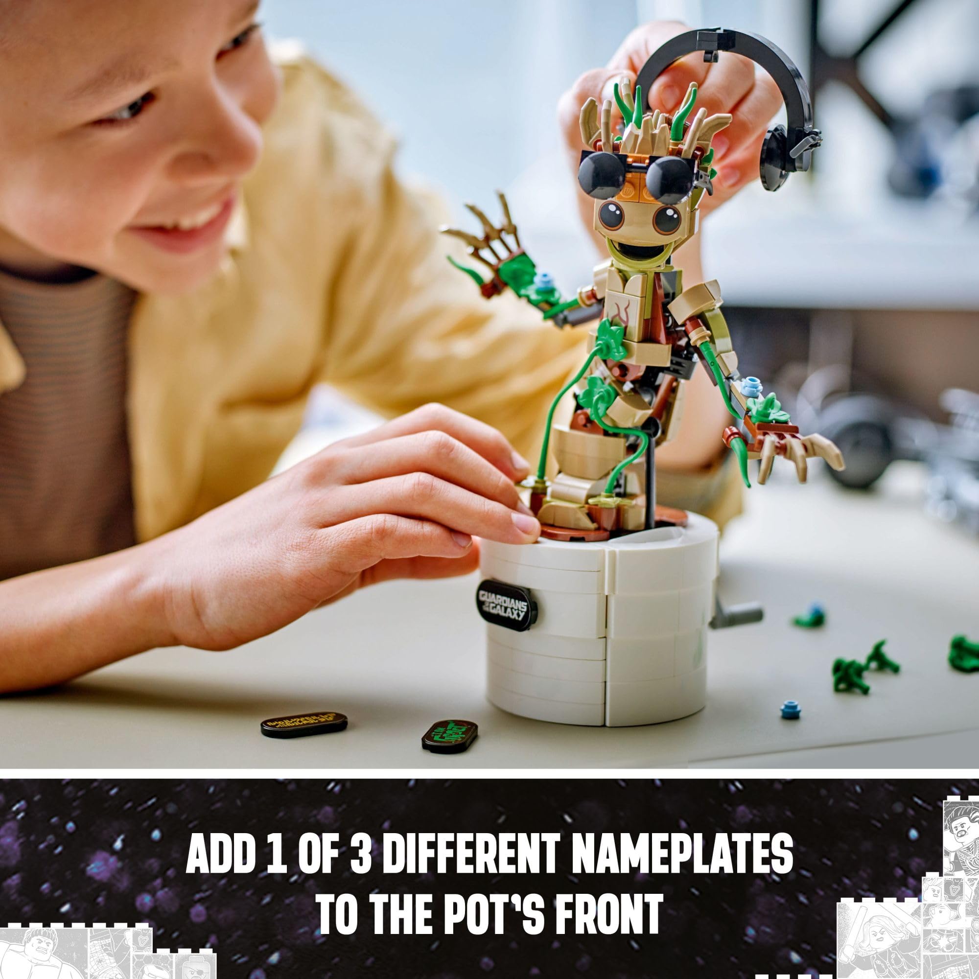 LEGO Groot en escena de juego para inspirar creatividad y exhibición