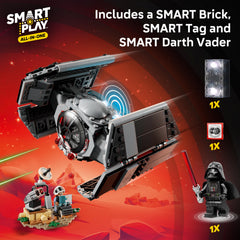 LEGO close-up of the TIE Fighter cockpit with SMART Tag visible, highlights play features