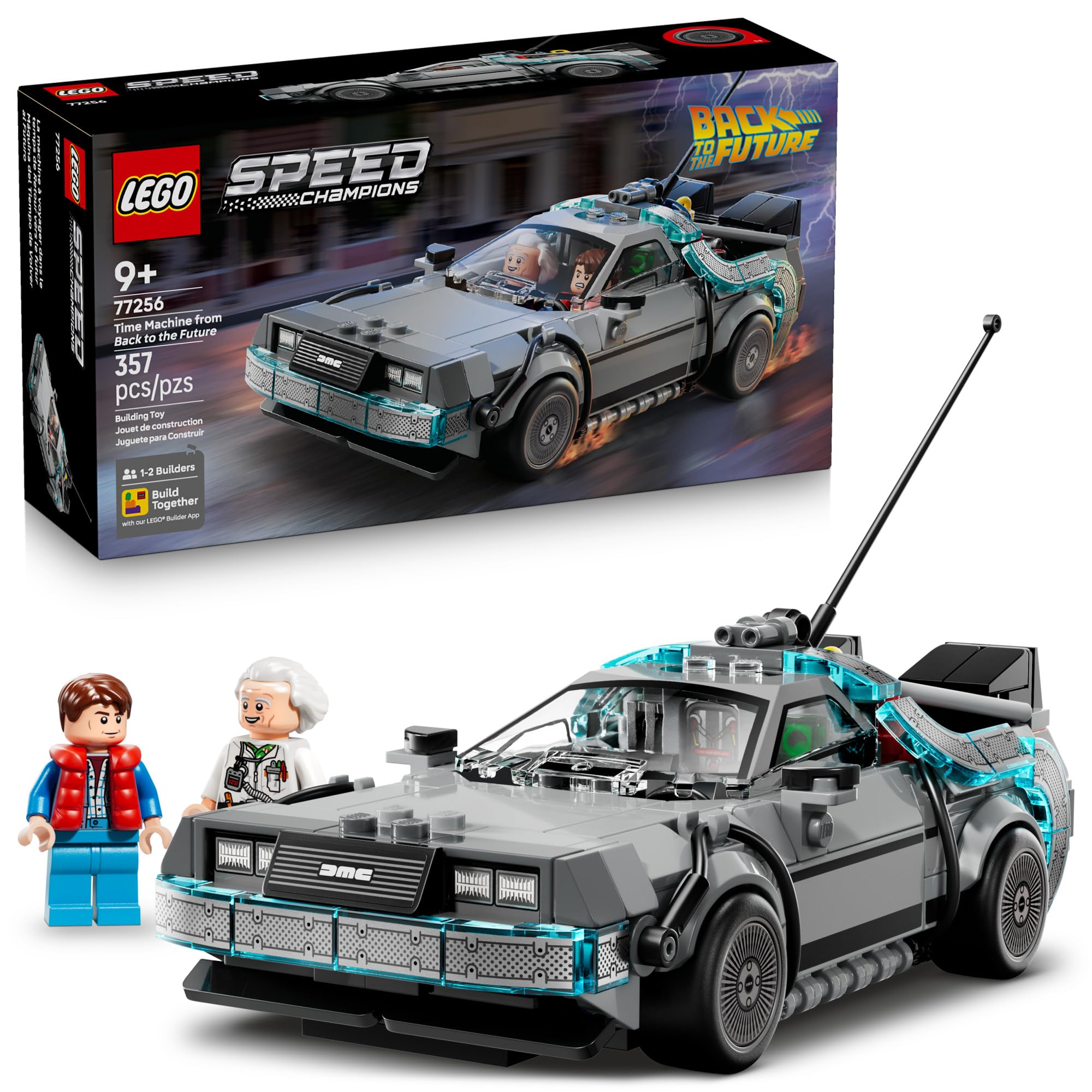 LEGO DeLorean frontal mostrando diseño auténtico y atractivo de exhibición