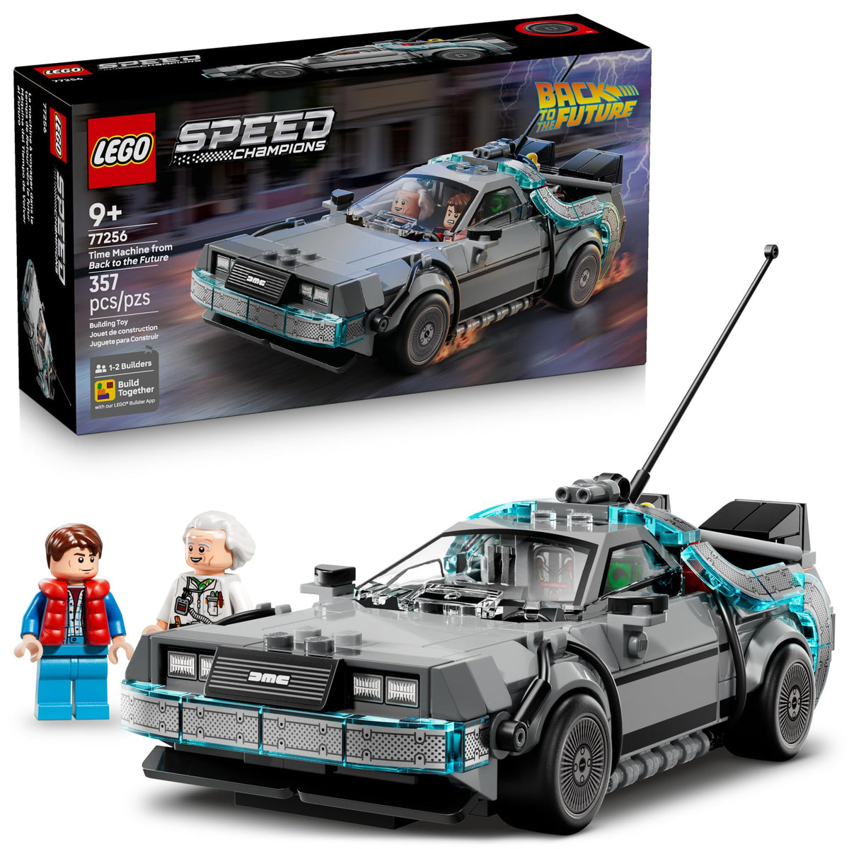 LEGO DeLorean frontal mostrando diseño auténtico y atractivo de exhibición