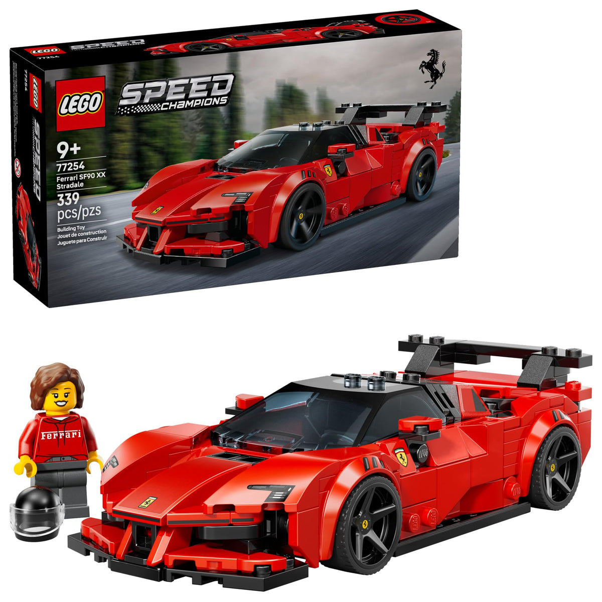 LEGO Ferrari SF90 XX frontal mostrando diseño realista y atractivo de exhibición