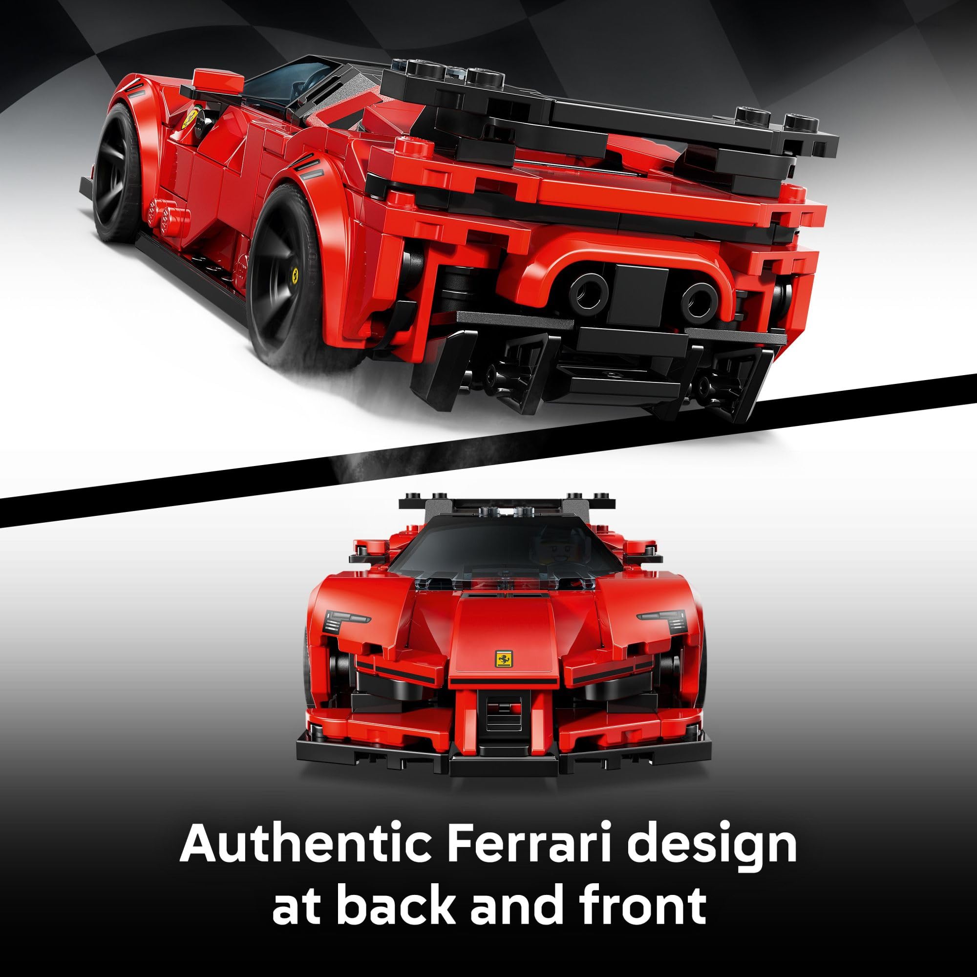 LEGO Ferrari SF90 XX vista trasera con ala y salidas de escape reales para juego