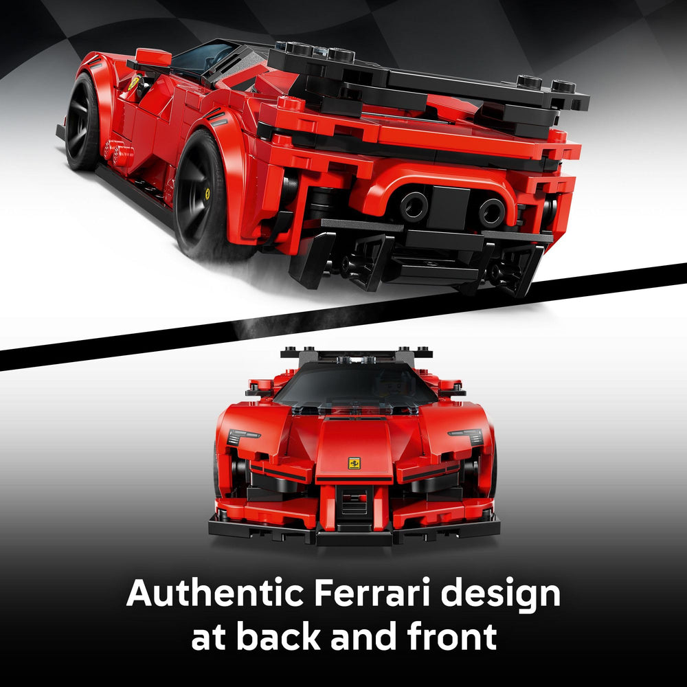 LEGO Ferrari SF90 XX vista trasera con ala y salidas de escape reales para juego