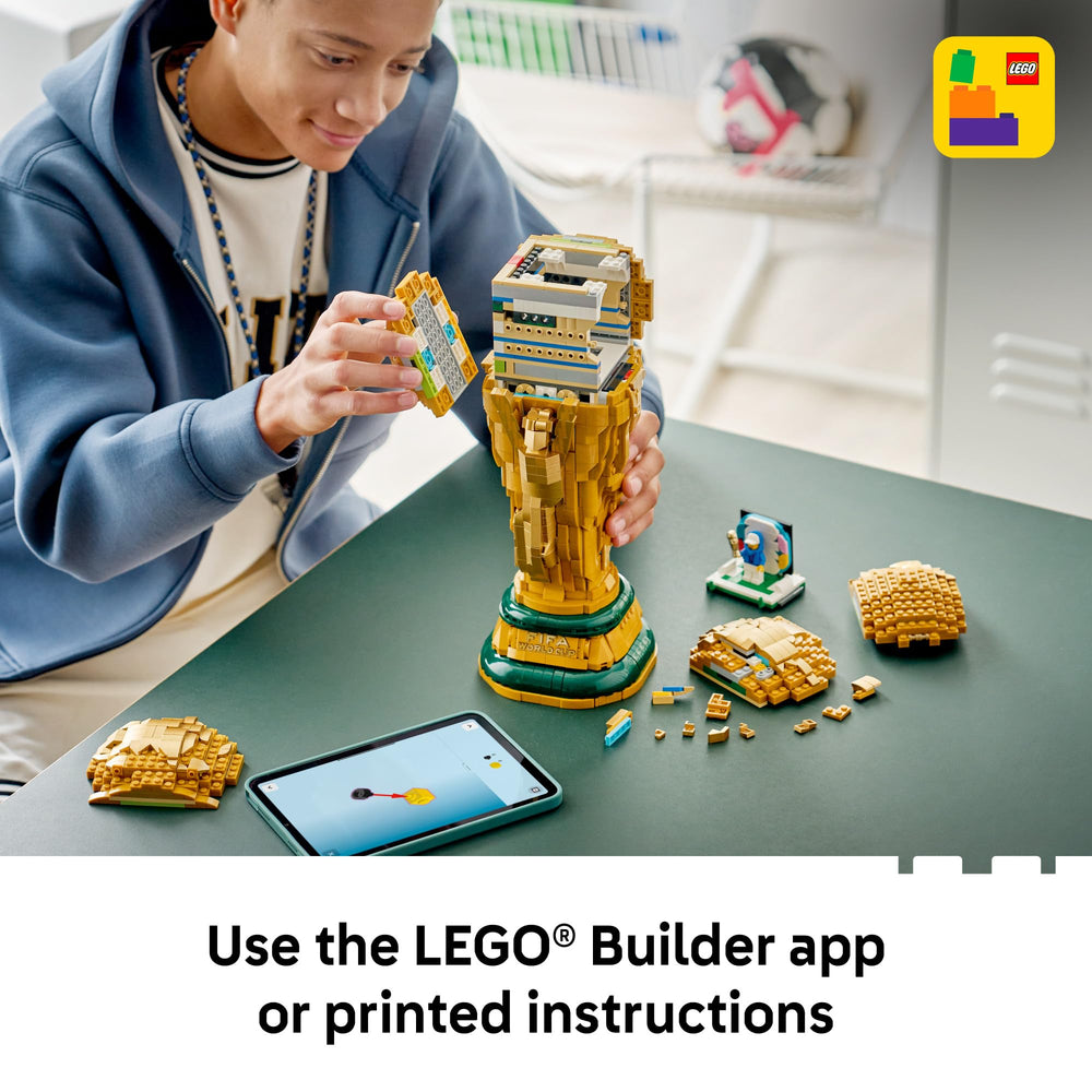 LEGO World Cup trophy displayed on a desk demonstrating room decor and fan pride