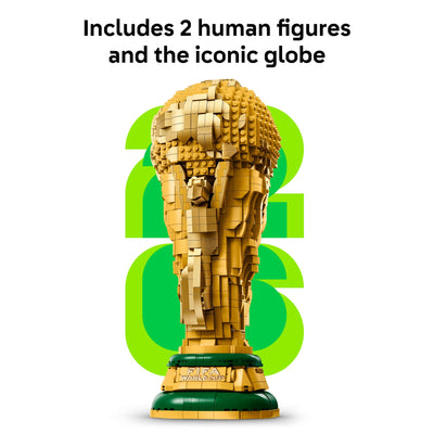Close-up of LEGO FIFA World Cup 2026 minifigure with mini trophy highlighting collectible detail