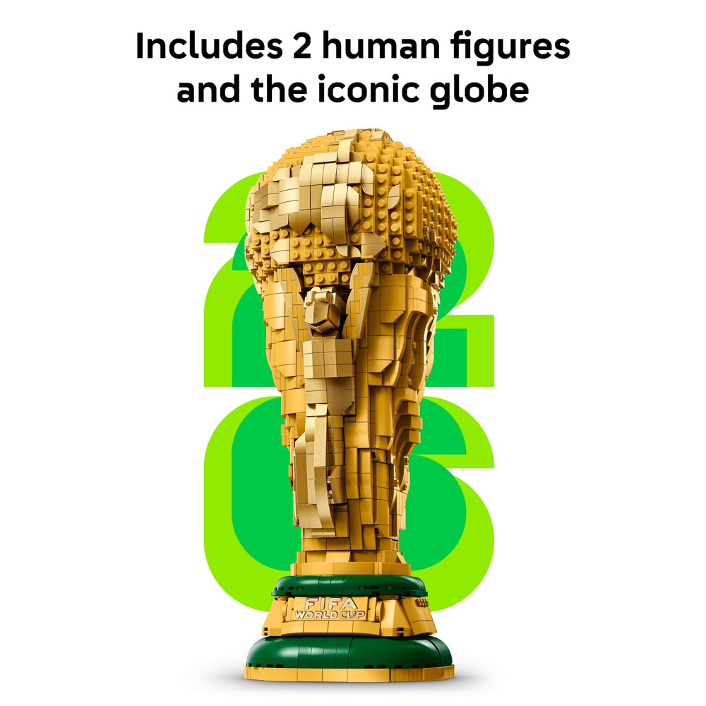 Close-up of LEGO FIFA World Cup 2026 minifigure with mini trophy highlighting collectible detail