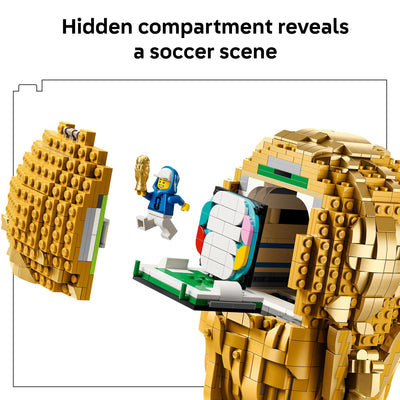Detail of LEGO trophy plaque showing engraved winners panel and authentic decorative detail