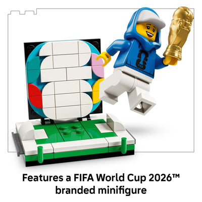LEGO FIFA trophy beside ruler showing 36 cm height and scale for shelf placement