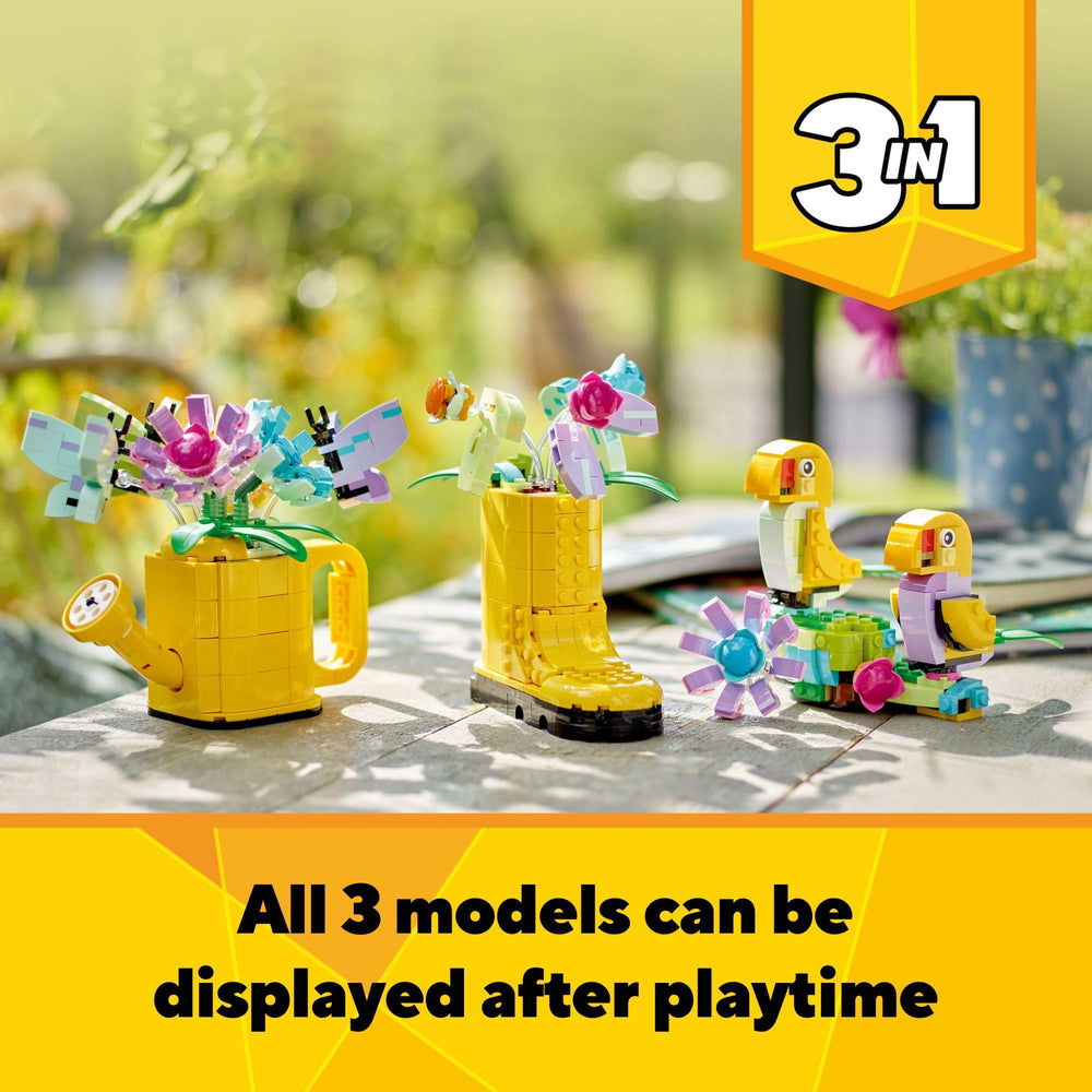 LEGO pajaritos en perchero con detalle floral para exhibir