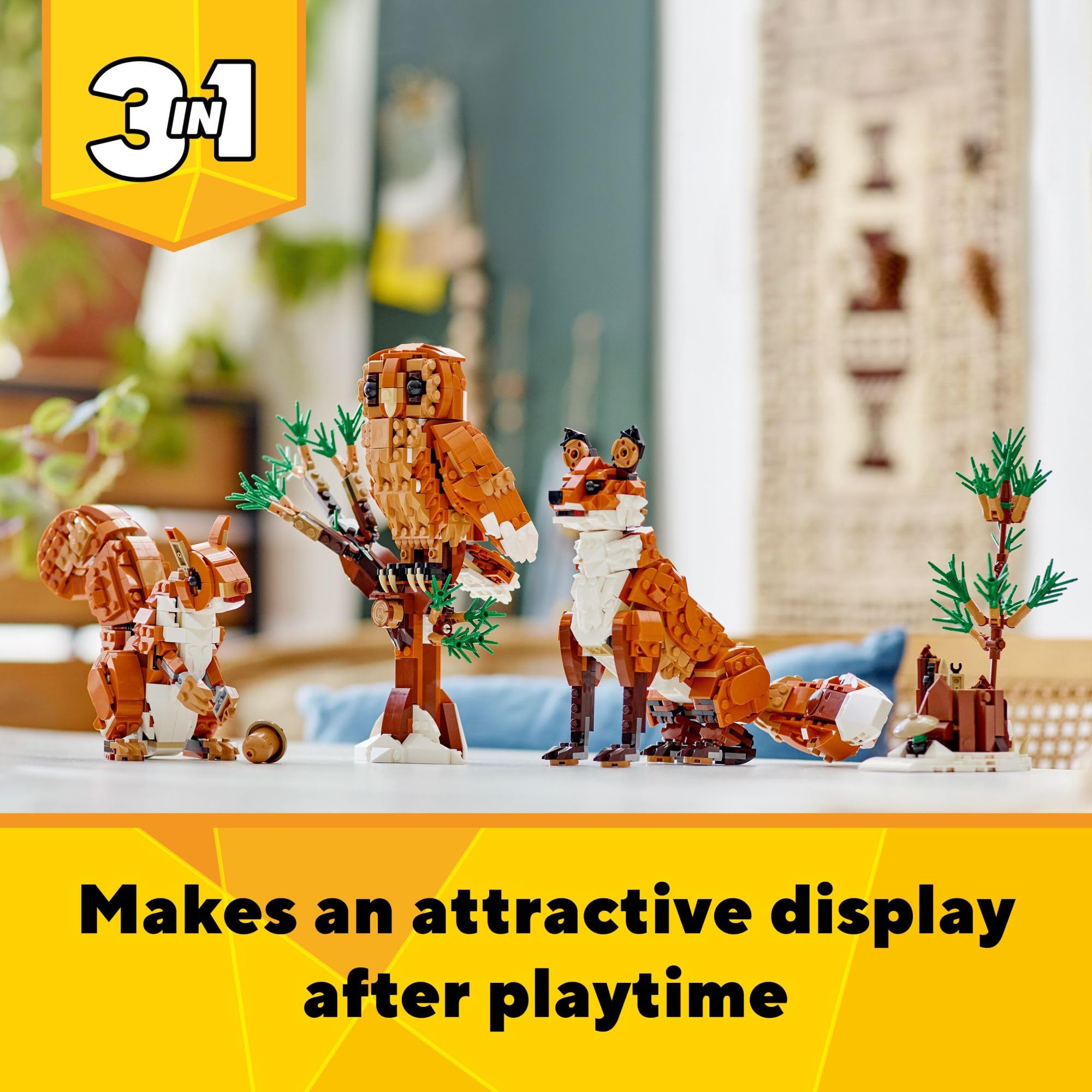 LEGO forest animals arranged on shelf to inspire display and imaginative play