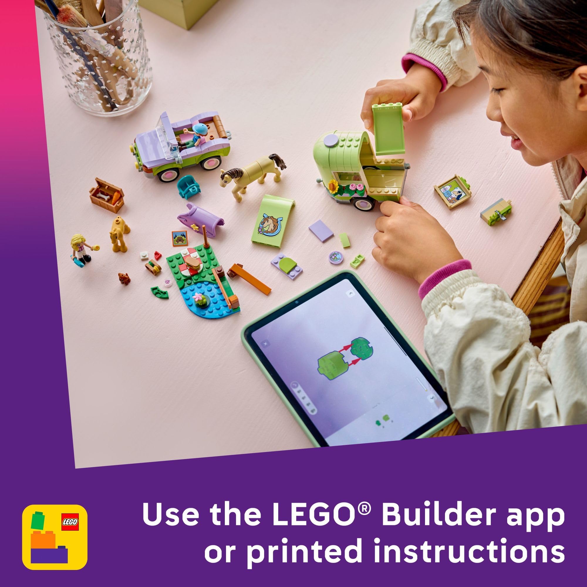 LEGO Friends vista de escala con reglas y piezas, ayuda a entender dimensiones del set