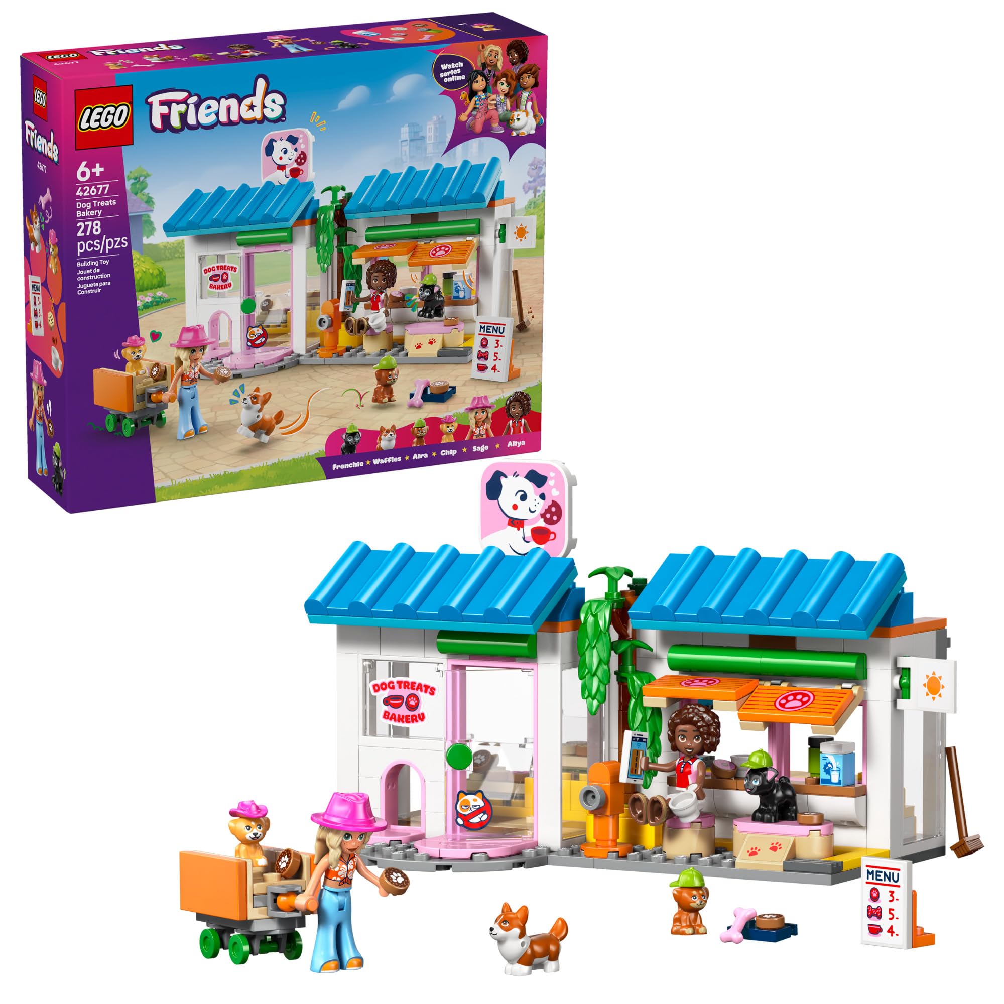 LEGO Friends pastelería para perros vista frontal mostrando fachada y accesorios principales
