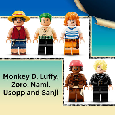 LEGO Going Merry five Straw Hat minifigures with wanted posters displayed