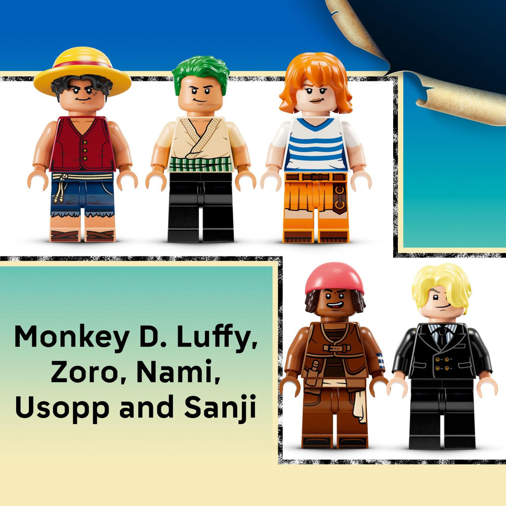 LEGO Going Merry five Straw Hat minifigures with wanted posters displayed