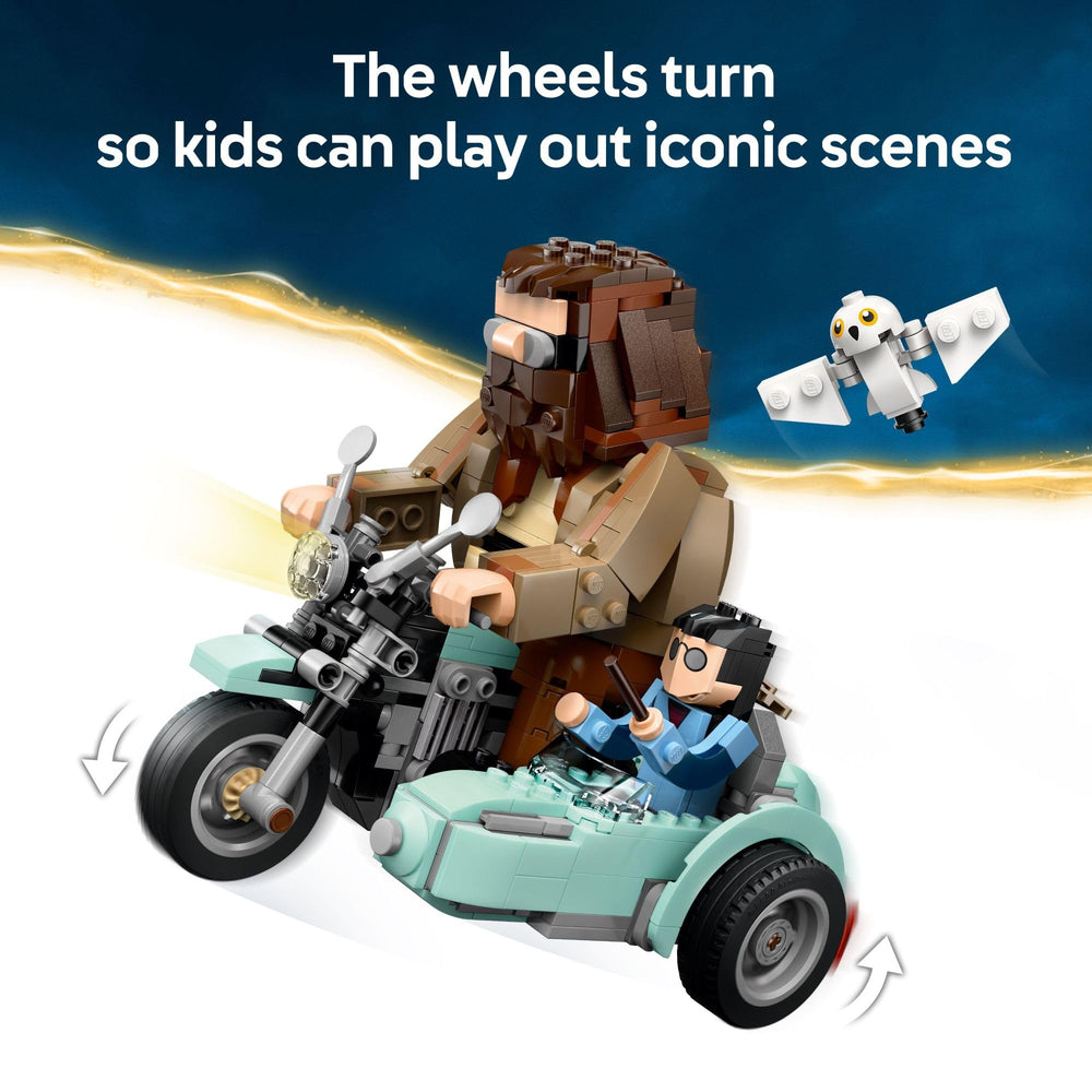 LEGO minifiguras Hagrid y Harry posadas mostrando opciones de juego