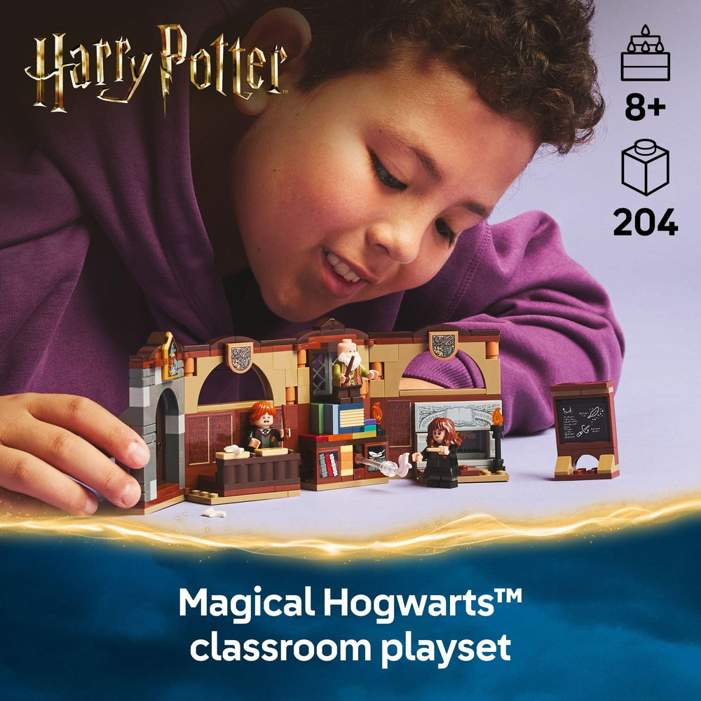 LEGO minifiguras Ron Hermione y Flitwick con expresiones detalladas