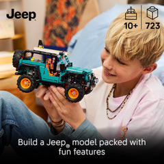 LEGO Jeep Wrangler with open hood exposing V6 engine detail for hands-on learning