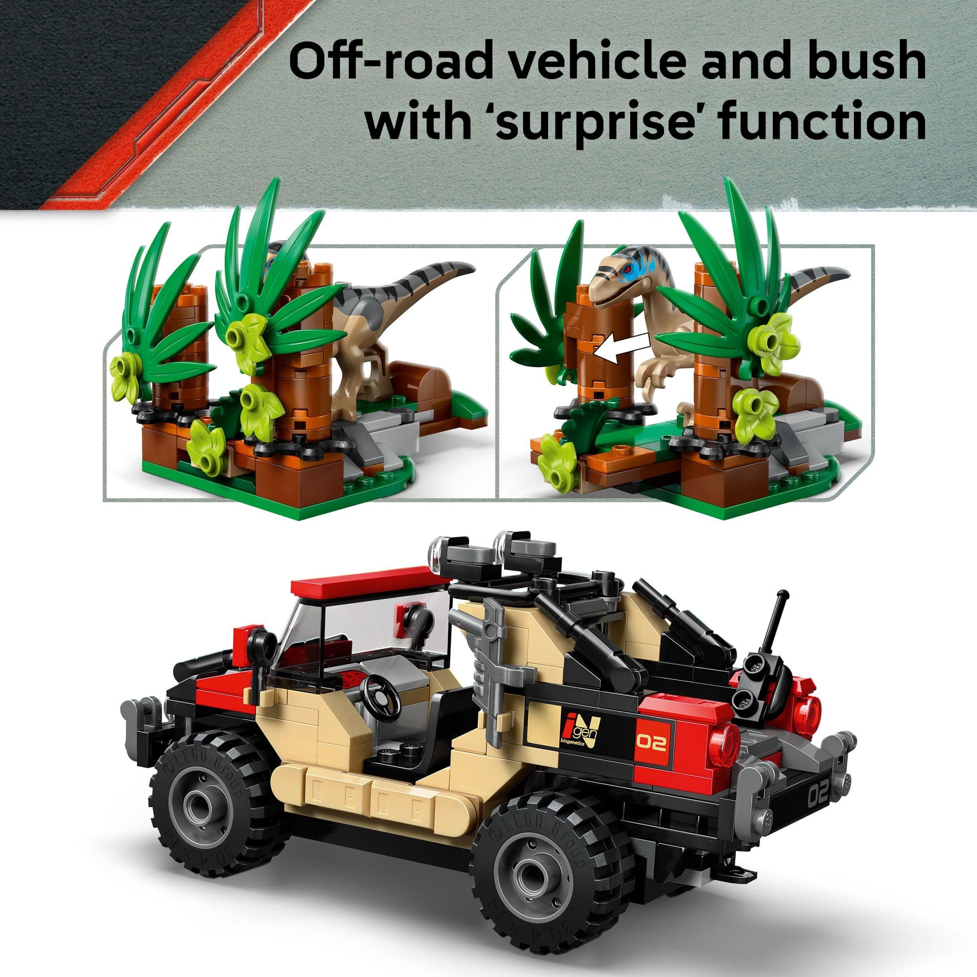 LEGO velociraptor con mandíbula móvil mostrando pose para juego dinámico