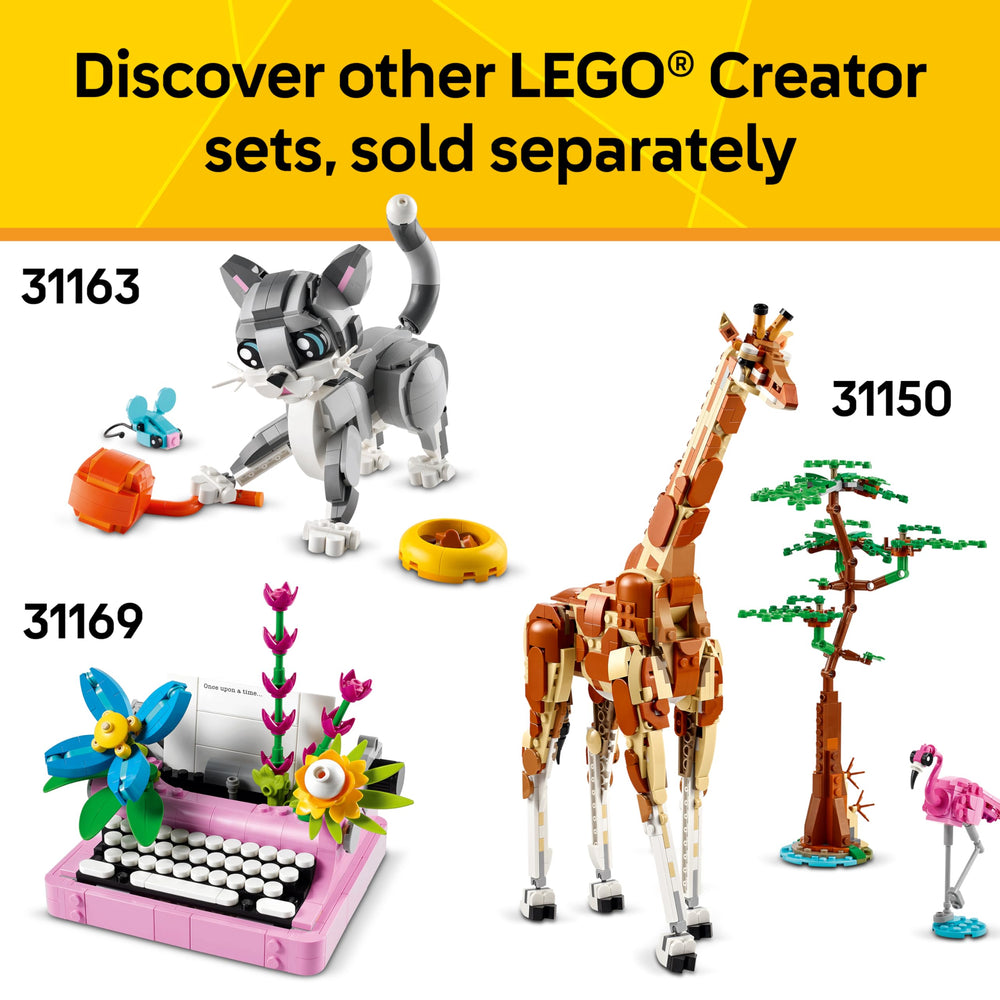 Kid playing with LEGO animal models in bedroom scene to inspire creative storytelling, LEGO fun