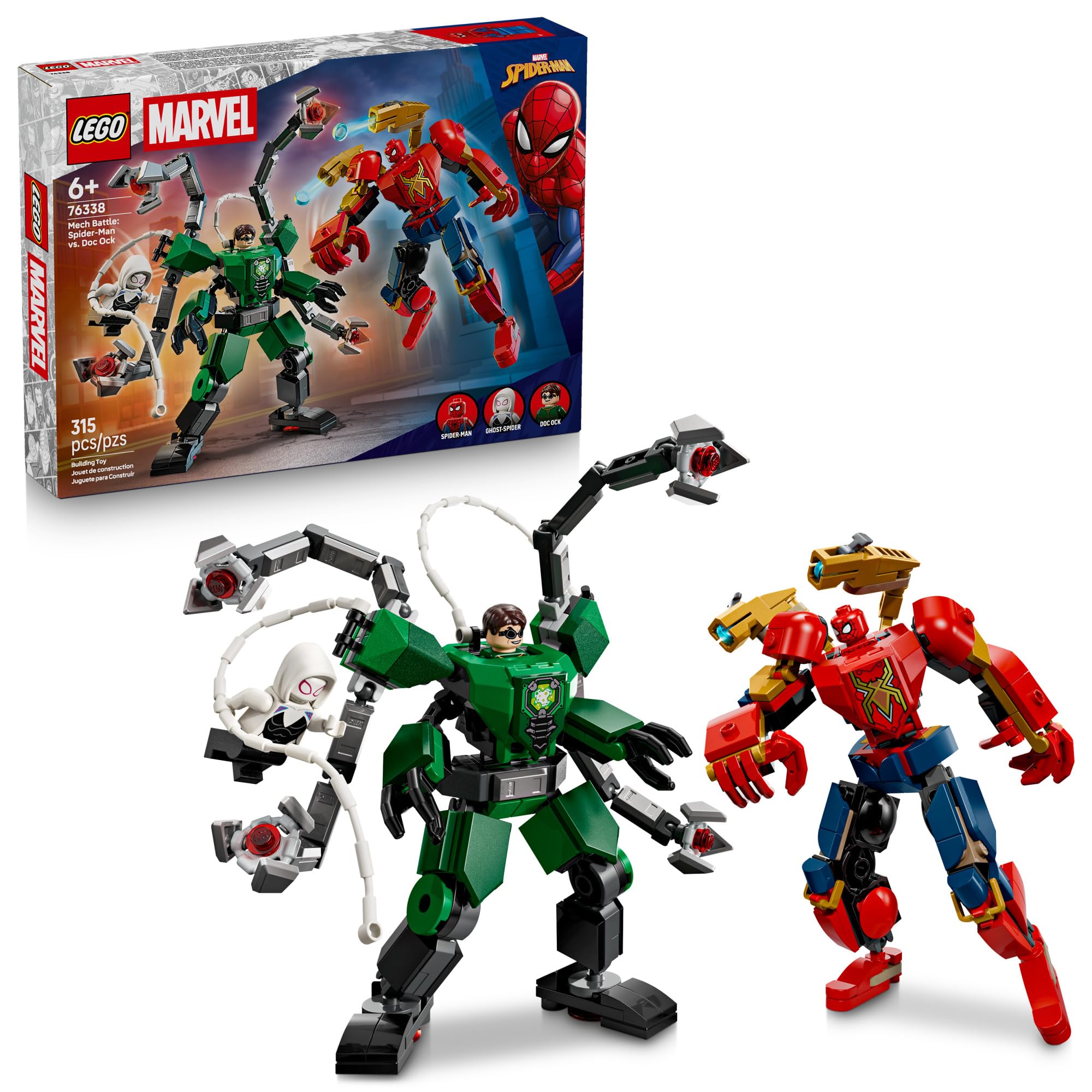 LEGO mecha Spider-Man frontal mostrando piezas y cockpit, diversión creativa