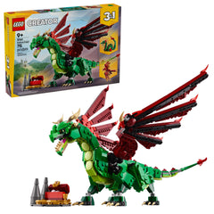 LEGO medieval dragon front view showing posable wings and detailed build benefit display