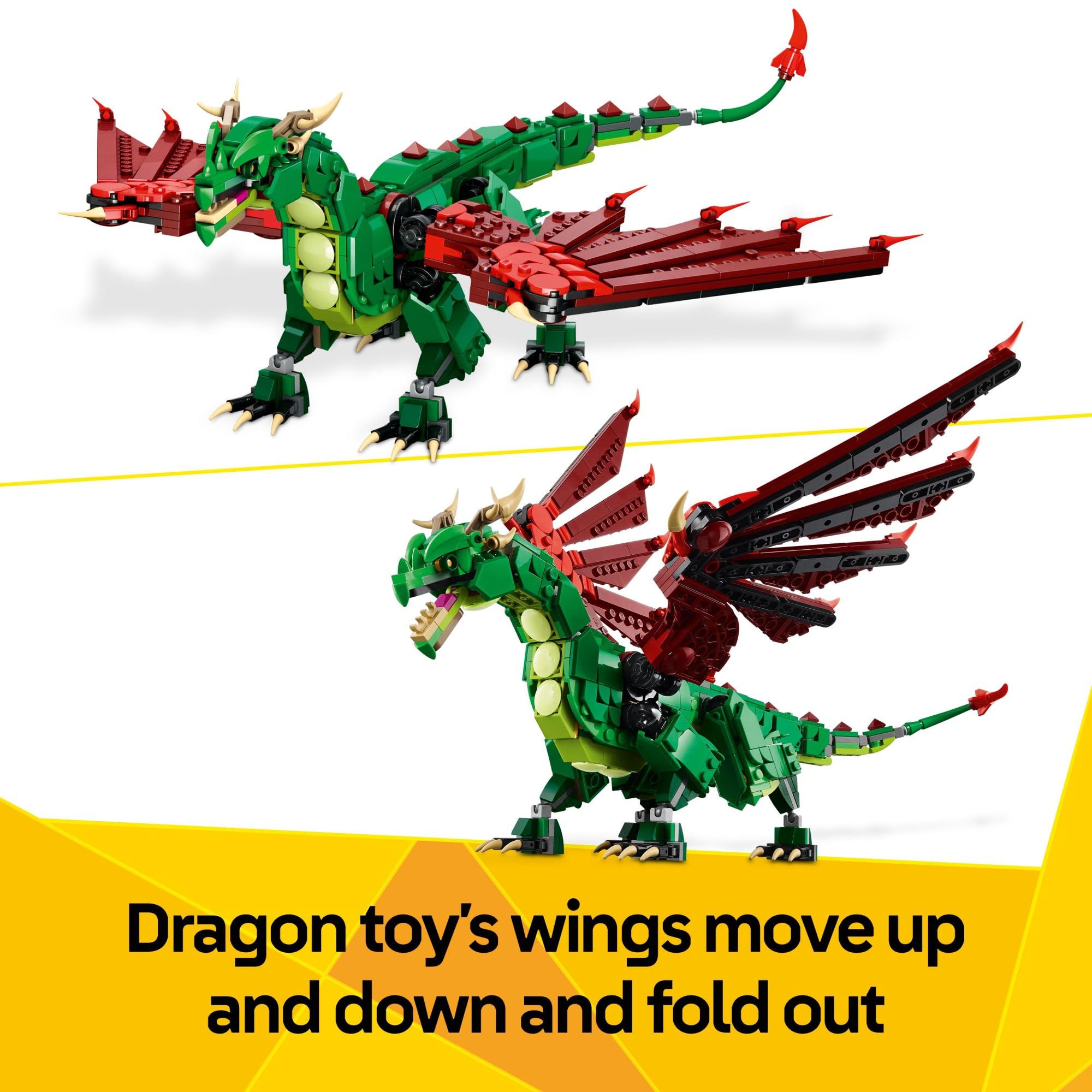 LEGO medieval dragon phoenix on stand showing display-ready design and shelf appeal benefit
