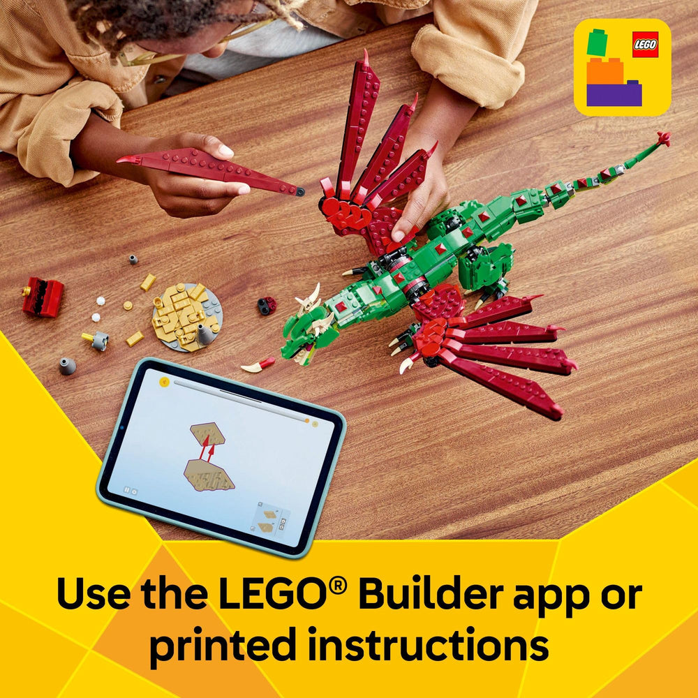 LEGO medieval dragon next to ruler for scale showing size clarity and purchase confidence benefit
