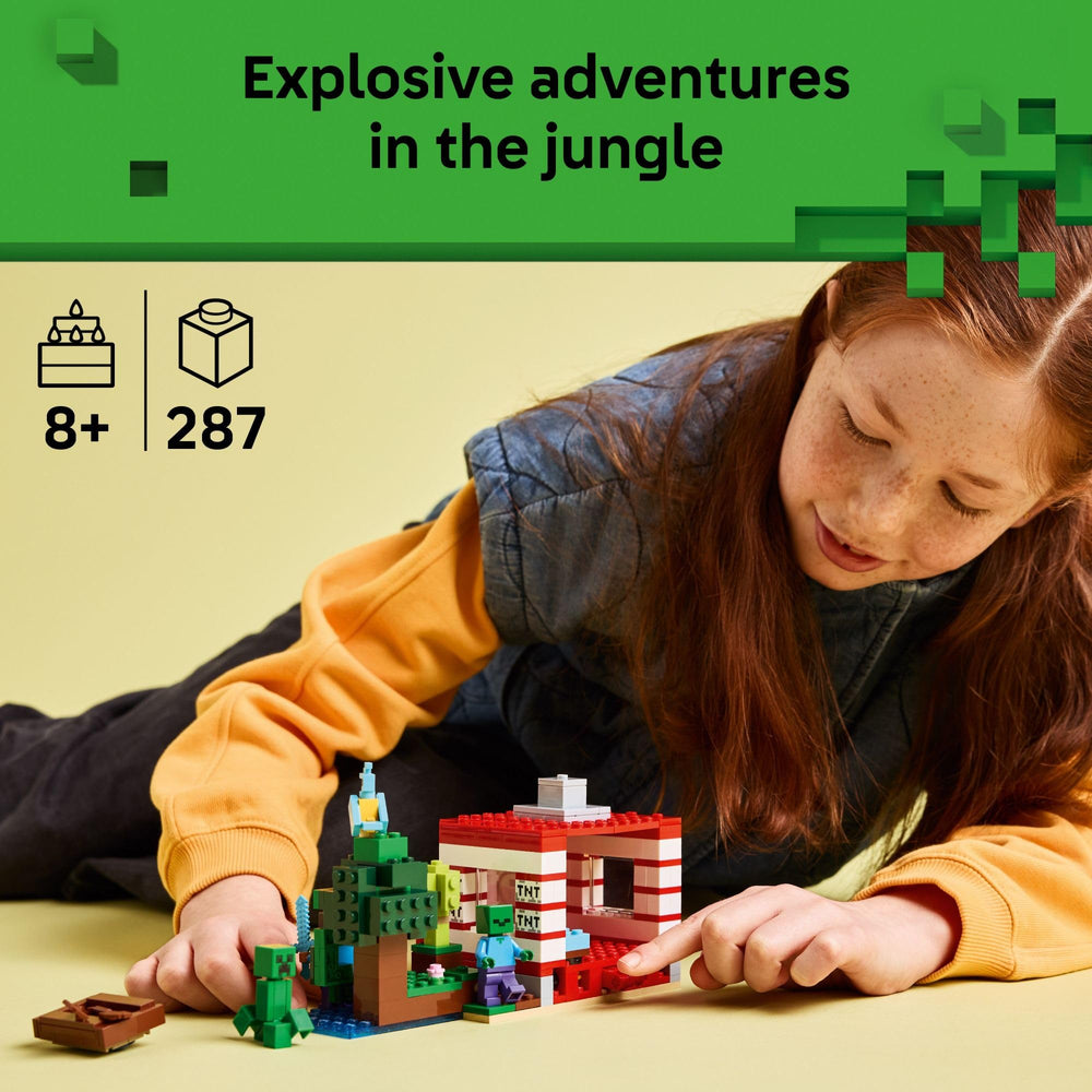 LEGO primer plano del bloque TNT y mecanismo, muestra la función explosiva