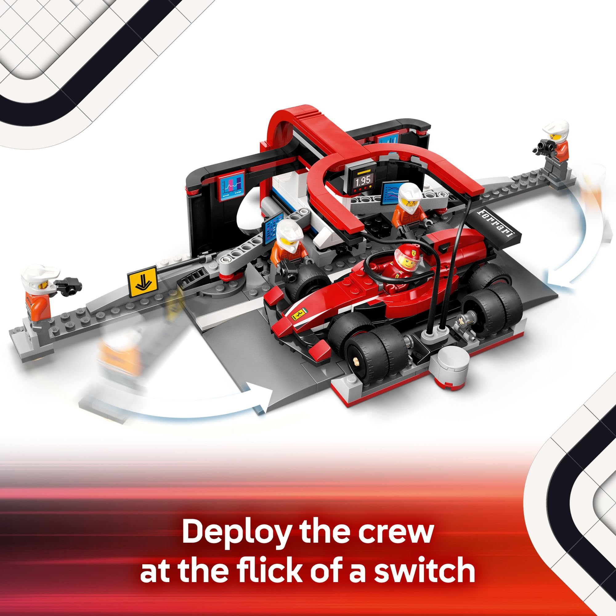 LEGO minifiguras del pit crew y piloto en posición de trabajo