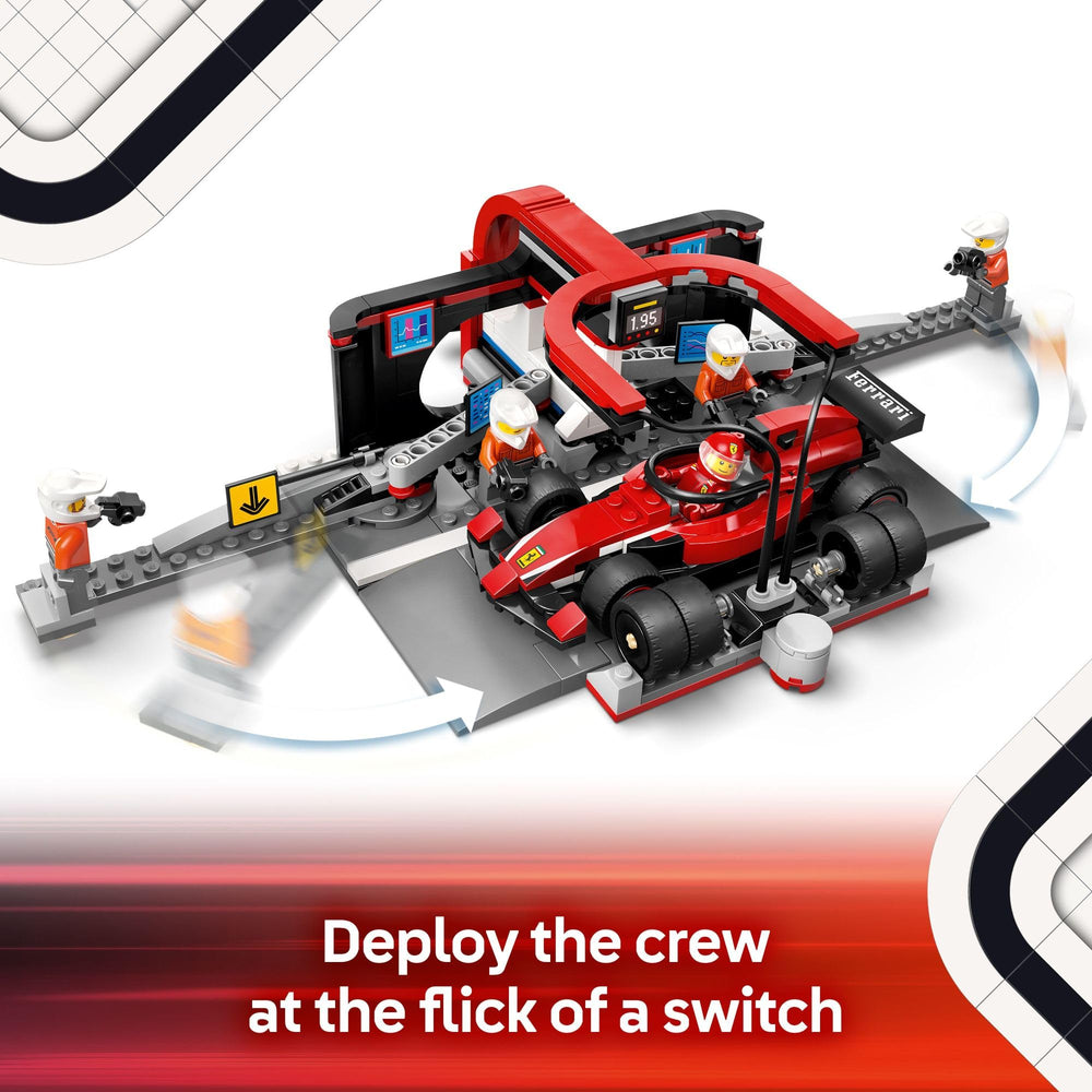 LEGO minifiguras del pit crew y piloto en posición de trabajo