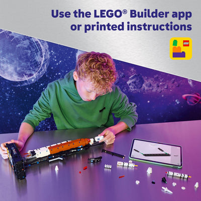 Rocket on stand with information panel and four nanofigures, LEGO boosts display appeal
