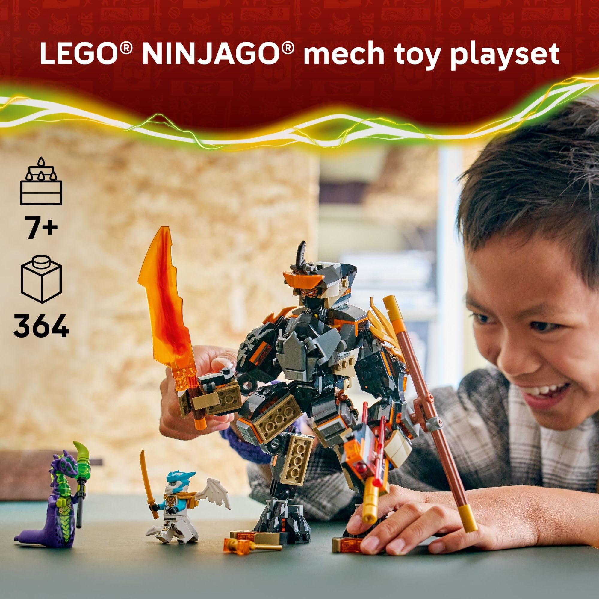 LEGO NINJAGO mech posado destacando articulaciones y opciones de postura