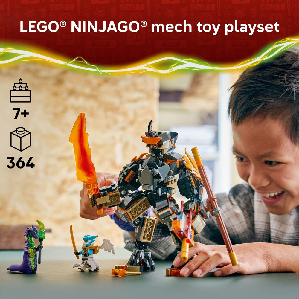 LEGO NINJAGO mech posado destacando articulaciones y opciones de postura