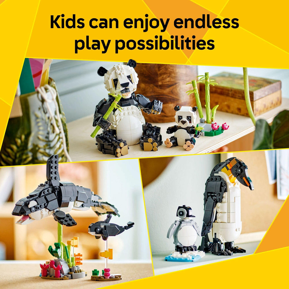 Assembled LEGO orca family on transparent stands highlighting poseability, LEGO display-ready