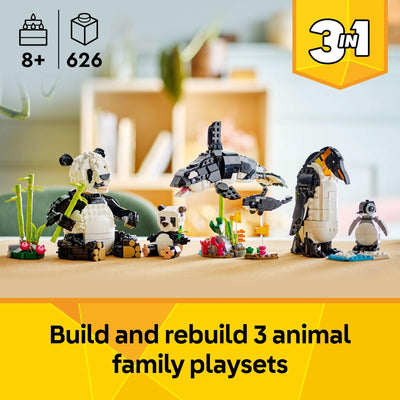 Close-up of LEGO panda build showing movable paws and head, LEGO detail improves playability