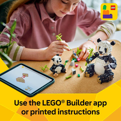 Child holding assembled LEGO panda to show scale and size, LEGO manageable build for kids