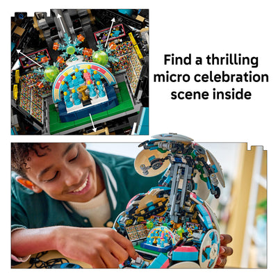 LEGO pelota de fútbol sobre base negra lista para exhibir como decoración deportiva