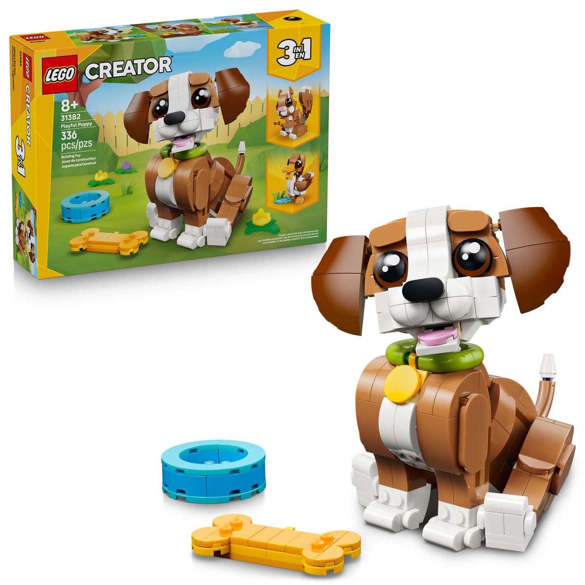 LEGO perro frontal mostrando postura posable y detalle decorativo