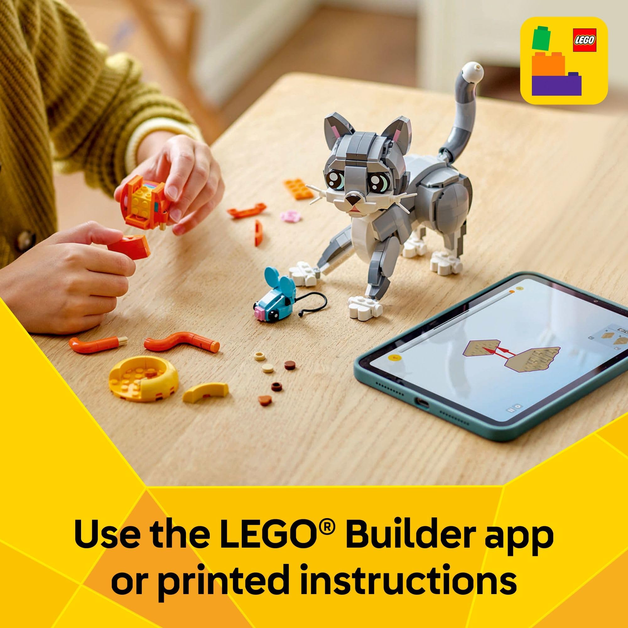 LEGO escena de juego infantil con gato y accesorios en habitación