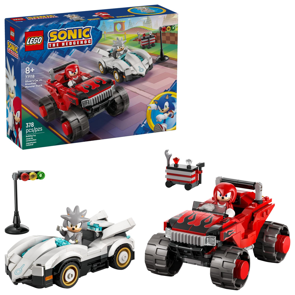 LEGO Silver y Knuckles frontal del set mostrando ambos vehículos y juego activo